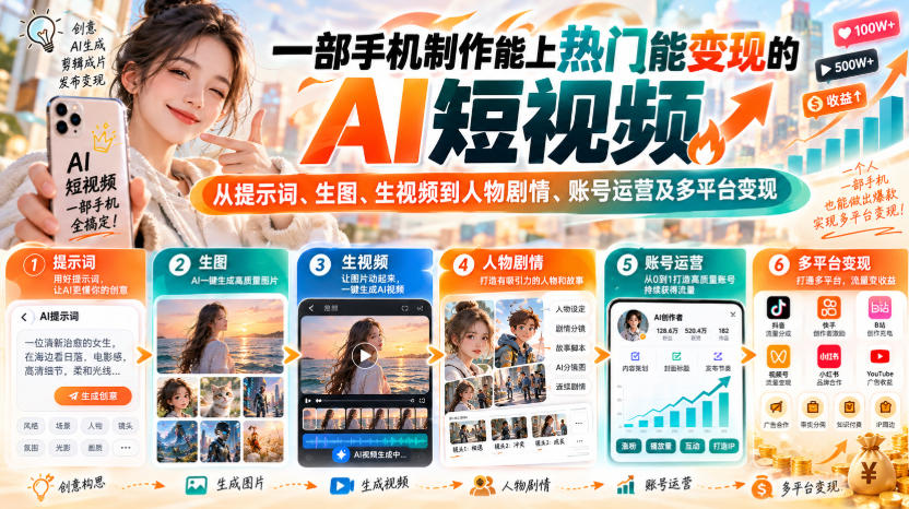 【无水印】一部手机制作能上热门能变现的AI短视频,从提示词、生图、生视频到人物剧情、账号运营及多平台变现-站长V课