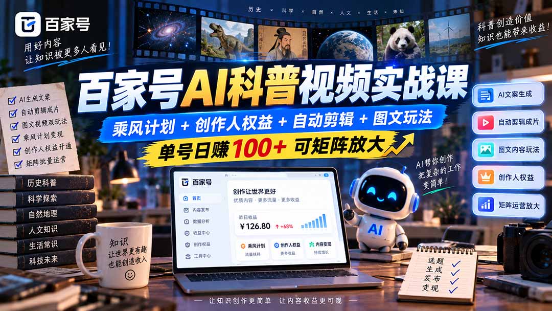 百家号AI科普视频实战课:乘风计划+创作人权益+自动剪辑+图文玩法,单号日赚100+可矩阵放大-站长V课