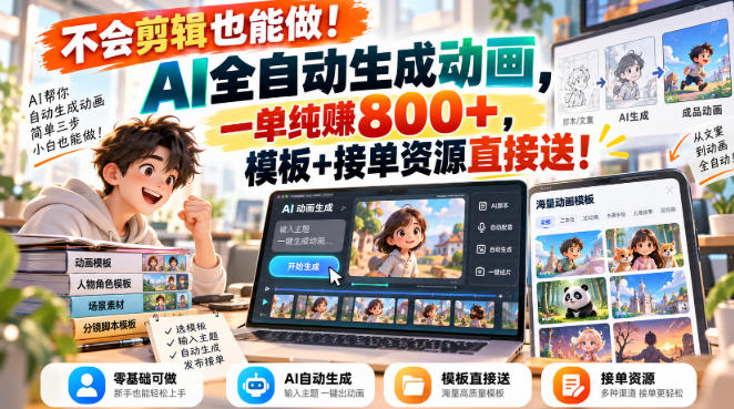 不会剪辑也能做!AI全自动生成动画,一单纯賺800+,模板+接单资源直接送!【揭秘】-站长V课