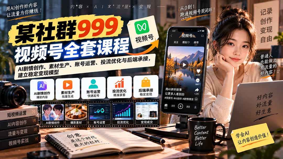 【无水印】某社群999视频号全套课程:AI剧情创作、素材生产、账号运营、投流优化与后端承接,建立稳定变现模型-站长V课