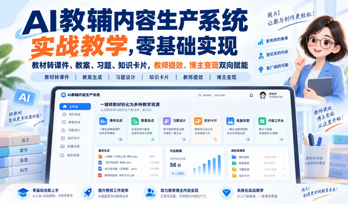 【无水印】AI教辅内容生产系统实战教学,零基础实现教材转课件、教案、习题、知识卡片,教师提效、博主变现双向赋能(更新0926)-站长V课