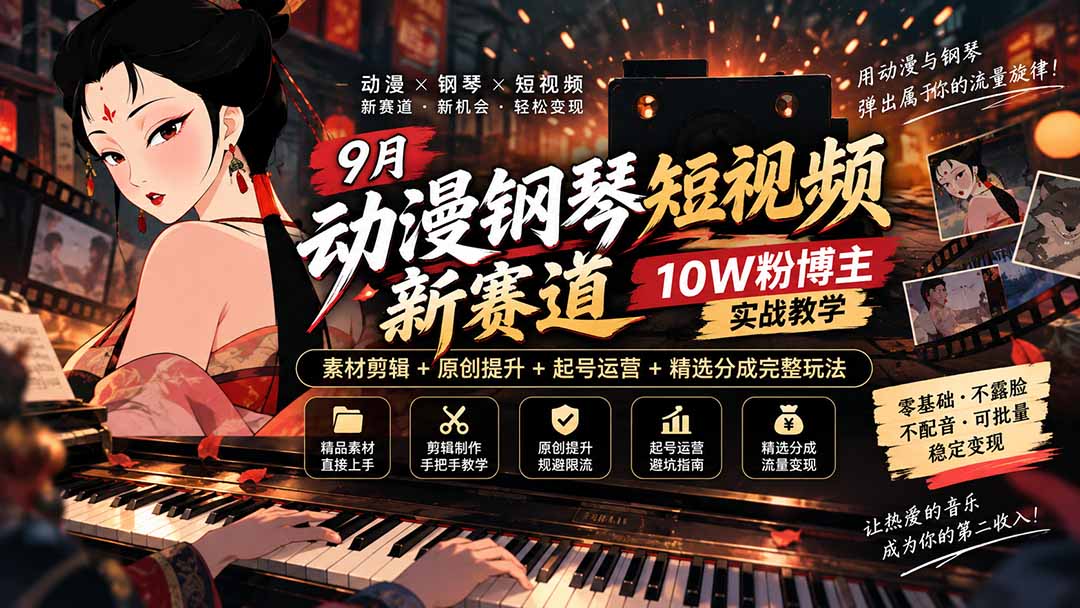 9月动漫钢琴短视频新赛道｜10W粉博主实战教学，素材剪辑+原创提升+起号运营+精选分成完整玩法-站长V课