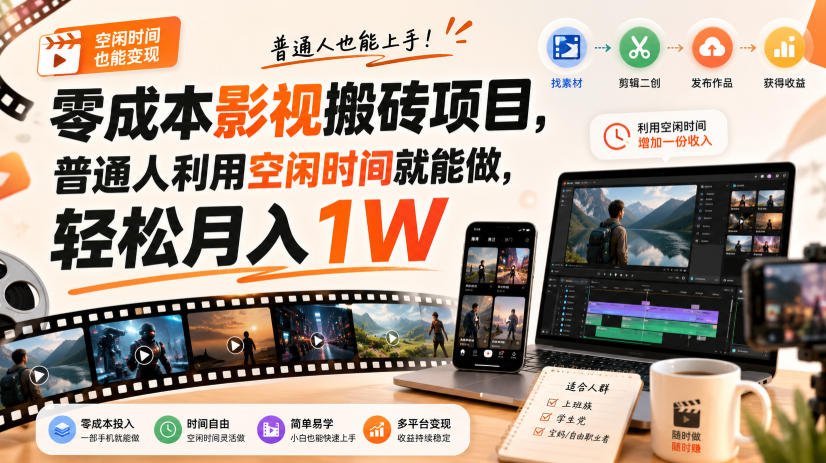 零门槛影视搬砖项目，月入万元，玩法稳定普通人可落地的长期副业！-站长V课