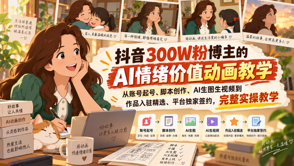 抖音300W粉博主的AI情绪价值动画教学,从账号起号、脚本创作、AI生图生视频到作品入驻精选、平台独家签约,完整实操-站长V课