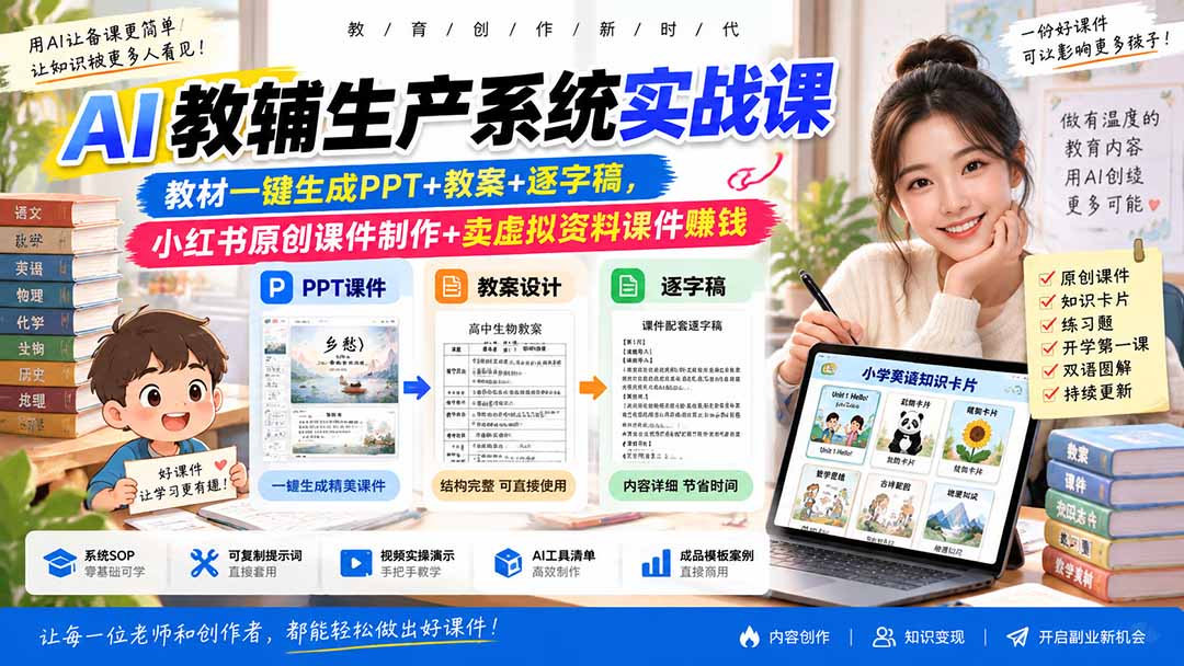 AI教辅生产系统实战课-更新0926|教材一键生成PPT+教案+逐字稿,小红书原创课件制作+卖虚拟资料课件赚钱-站长V课