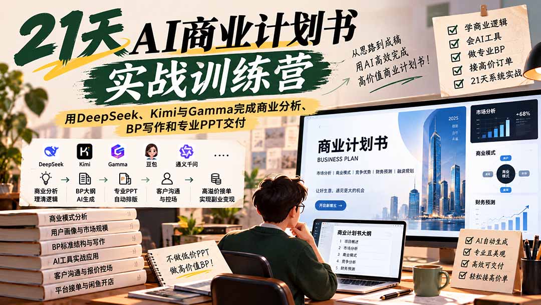 【无水印】21天AI商业计划书实战训练营:用DeepSeek、Kimi与Gamma完成商业分析、BP写作和专业PPT交付-站长V课