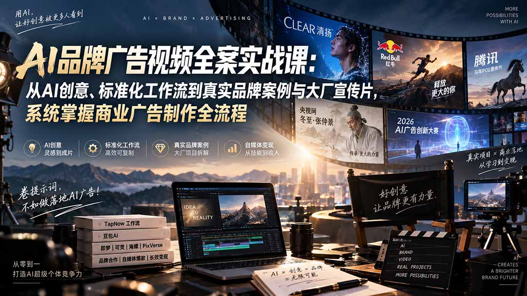 AI品牌广告视频全案实战课:从AI创意、标准化工作流到真实品牌案例与大厂宣传片,系统掌握商业广告制作全流程-站长V课