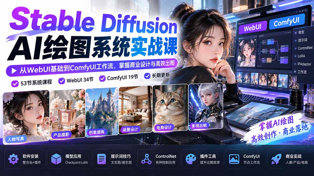 【无水印】Stable Diffusion AI绘图系统实战课:从WebUI基础到ComfyUI工作流,掌握商业设计与高效出图-站长V课