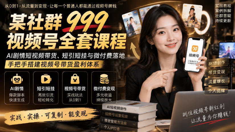 某社群999视频号全套课程,AI剧情短视频带货、短引短挂与微付费落地,手把手搭建视频号带货盈利体系-站长V课