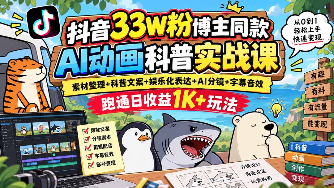 抖音33W粉博主同款AI动画科普实战课｜素材整理+科普文案+娱乐化表达+AI分镜+字幕音效，跑通日收益1K+玩法-站长V课