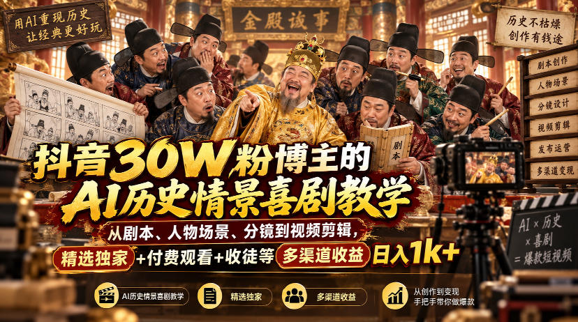 抖音30W粉博主的AI历史情景喜剧教学,从剧本、人物场景、分镜到视频剪辑,精选独家+付费观看+收徒等多渠道收益日入1k+-站长V课