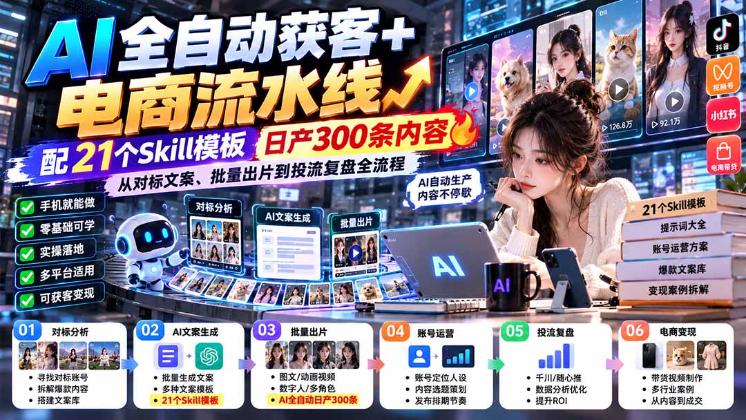 【无水印】AI全自动获客+电商流水线:配21个Skill模板,日产300条内容,从对标文案、批量出片到投流复盘全流程-站长V课