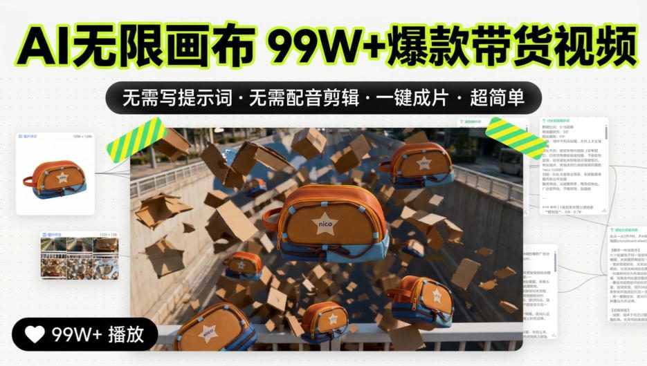 AI无限画布99W+爆款带货视频,无需写提示词·无需配音剪辑·一键成片·超简单-站长V课