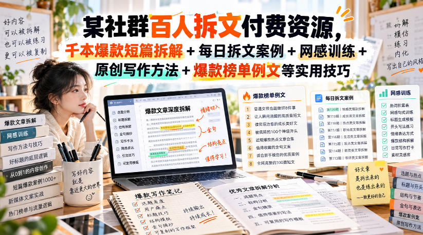 某社群百人拆文付费资源,千本爆款短篇拆解+每日拆文案例+网感训练+原创写作方法+爆款榜单例文等实用技巧(持续更新)-站长V课