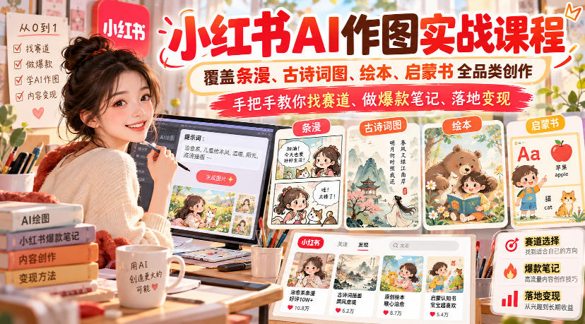 小红书AI作图实战课程,覆盖条漫、古诗词图、绘本、启蒙书全品类创作,手把手教你找赛道、做爆款笔记、落地变现-站长V课