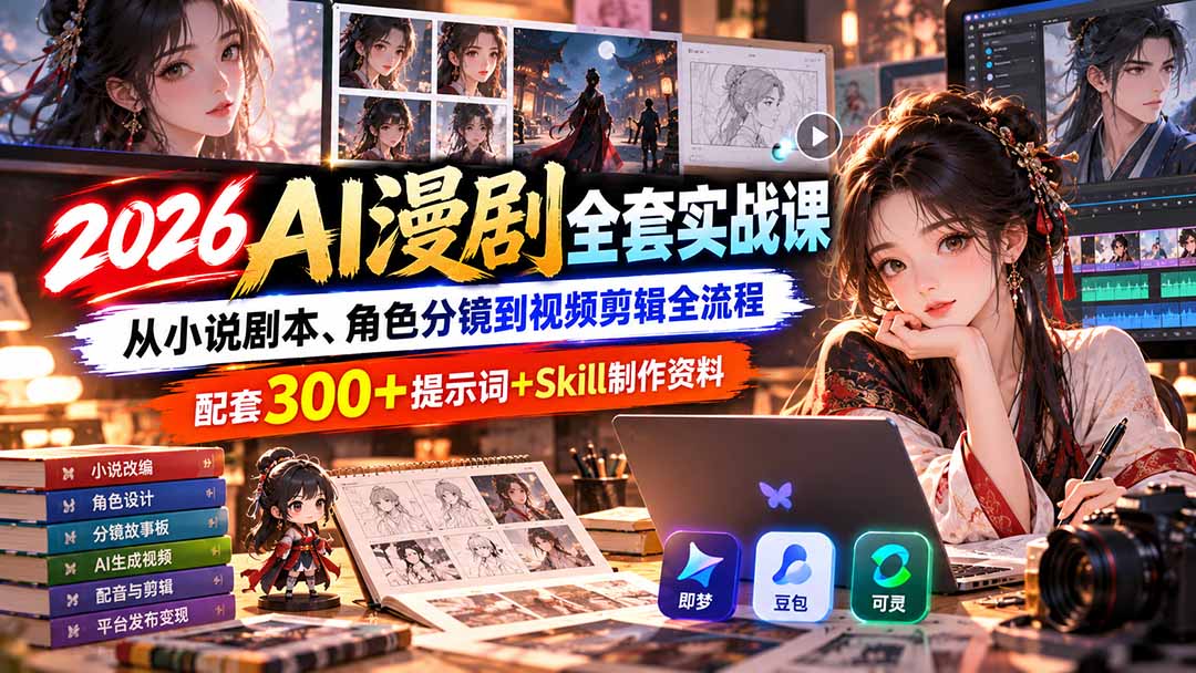 【无水印】2026AI漫剧全套实战课:从小说剧本、角色分镜到视频剪辑全流程,配套300+提示词+Skill制作资料-站长V课