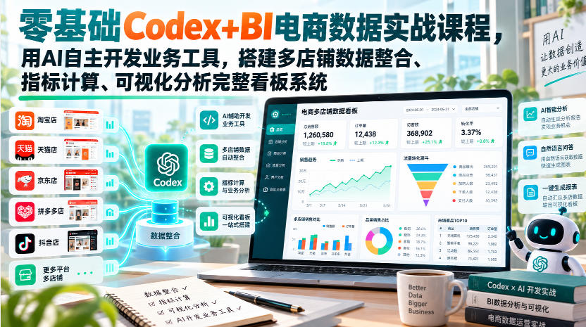 零基础Codex+BI电商数据实战课程,用AI自主开发业务工具,搭建多店铺数据整合、指标计算、可视化分析完整看板系统-站长V课