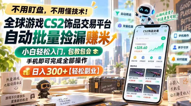 全球游戏CS2饰品交易平台自动批量捡漏賺米,小白轻松入门,包教包会,手机即可完成全部操作,日入300+【揭秘】-站长V课