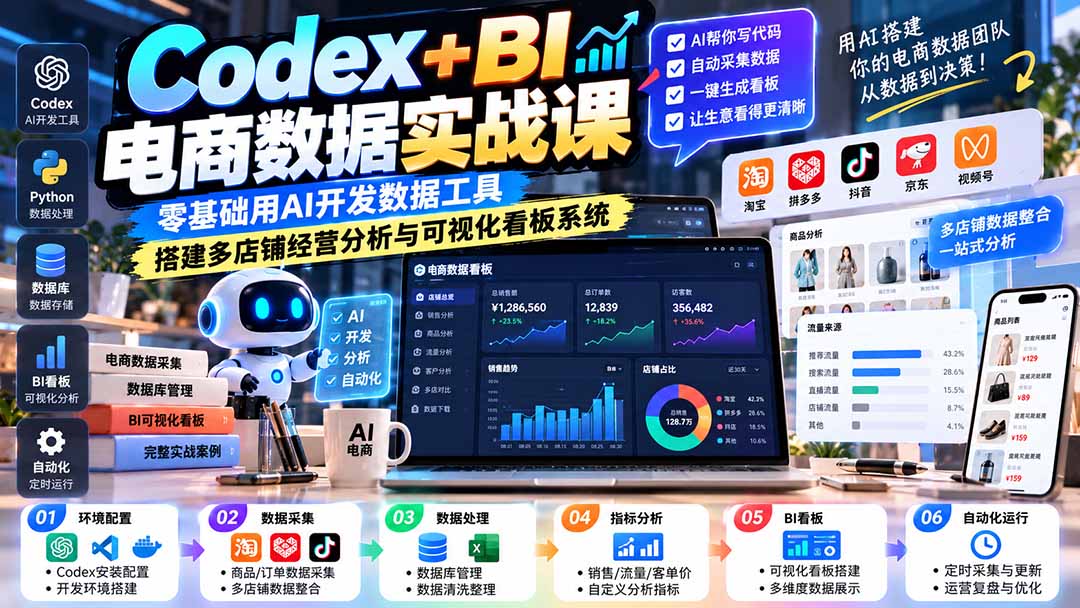 Codex+BI电商数据实战课:零基础用AI开发数据工具,搭建多店铺经营分析与可视化看板系统-站长V课