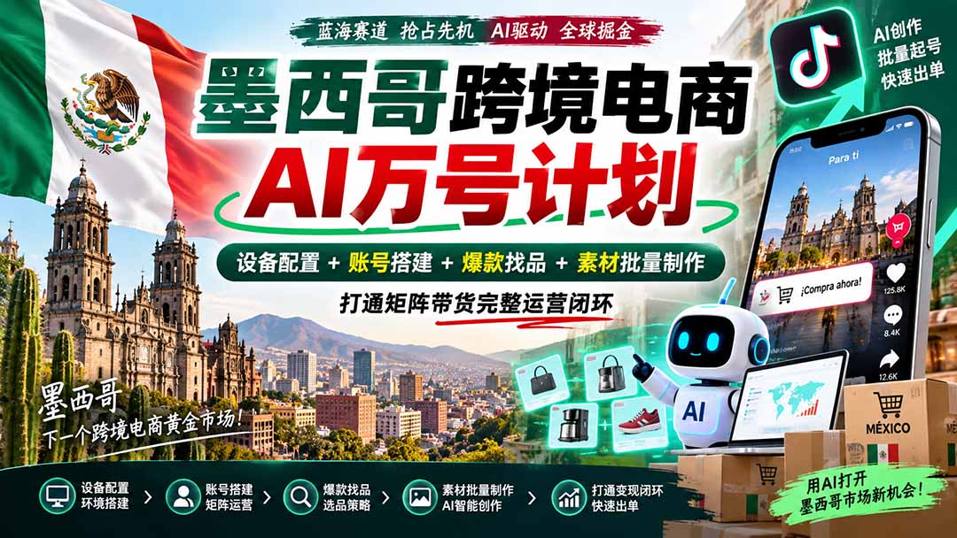 墨西哥AI跨境电商万号计划｜设备配置+账号搭建+爆款找品+素材批量制作，打通矩阵带货完整运营闭环-站长V课