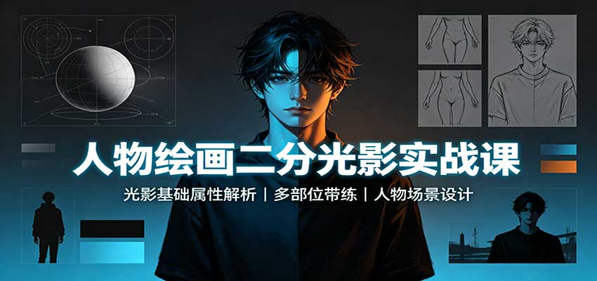 人物绘画二分光影实战课:光影基础属性解析,多部位带练,人物场景设计-站长V课