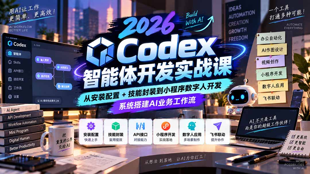 2026Codex智能体开发实战课:从安装配置+技能封装到小程序数字人开发,系统搭建AI业务工作流-站长V课