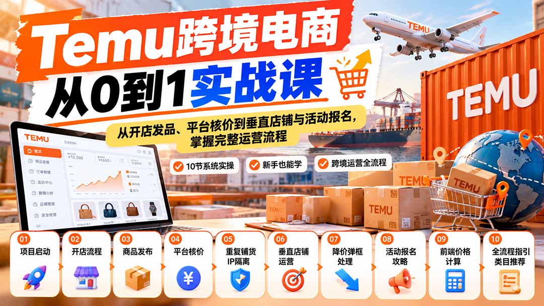 【无水印】Temu跨境电商从0到1实战课:从开店发品、平台核价到垂直店铺与活动报名,掌握完整运营流程-站长V课