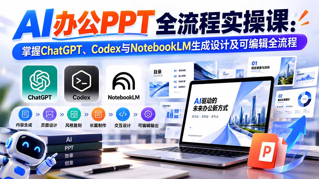 【无水印】AI办公PPT全流程实操课: 掌握ChatGPT、Codex与NotebookLM生成设计及可编辑全流程-站长V课