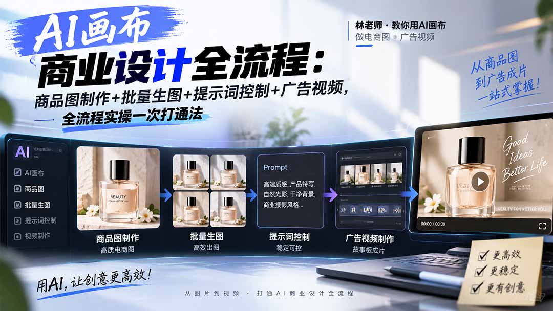 AI画布商业设计全流程:商品图制作+批量生图+提示词控制+广告视频,全流程实操一次打通法-站长V课