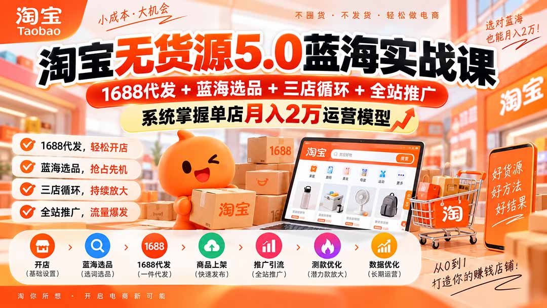 淘宝无货源5.0蓝海实战课-更新:1688代发+蓝海选品+三店循环+全站推广,系统掌握单店月入2万运营模型-站长V课
