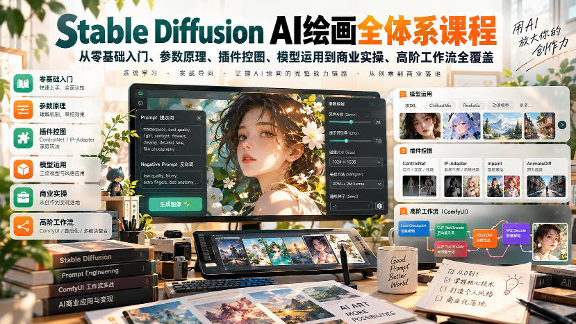 【无水印】Stable Diffusion AI绘画全体系课程,从零基础入门、参数原理、插件控图、模型运用到商业实操、高阶工作流全覆盖-站长V课