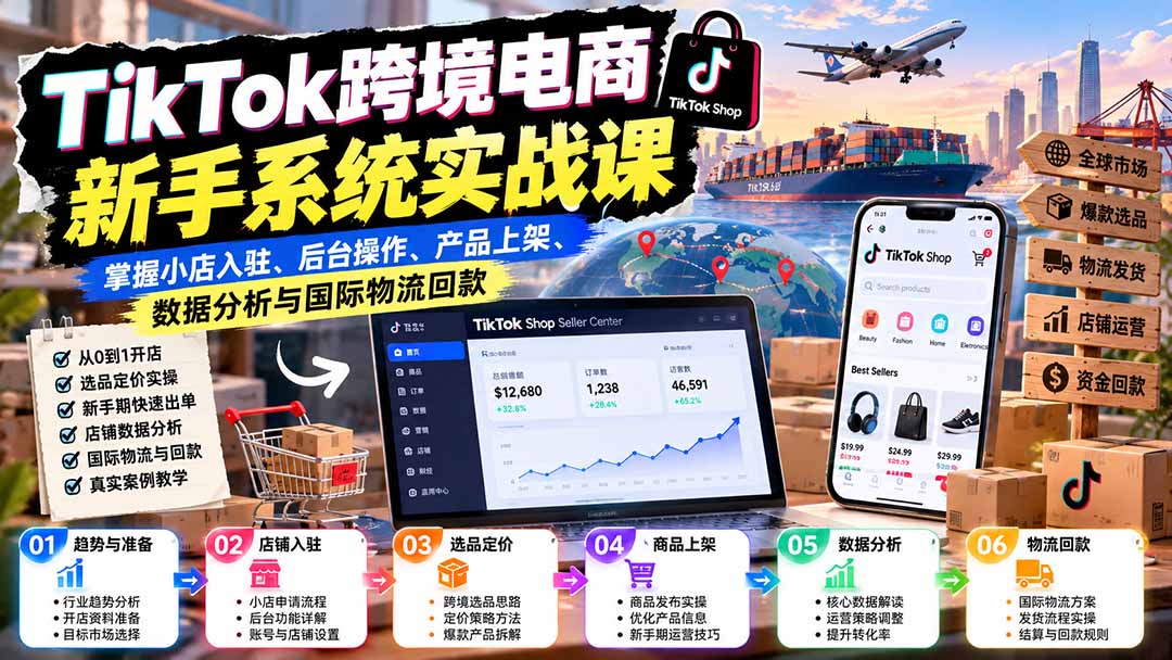 TikTok跨境电商新手系统实战课:掌握小店入驻、后台操作、产品上架、数据分析与国际物流回款-站长V课