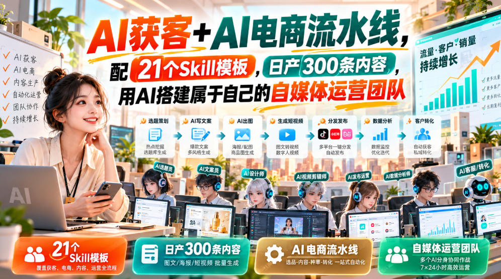 AI获客+AI电商流水线,配21个Skill模板,日产300条内容,用AI搭建属于自己的自媒体运营团队-站长V课