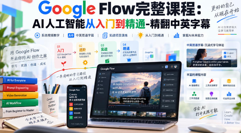 【无水印】Google Flow完整课程:AI人工智能从入门到精通-精翻中英字幕-站长V课
