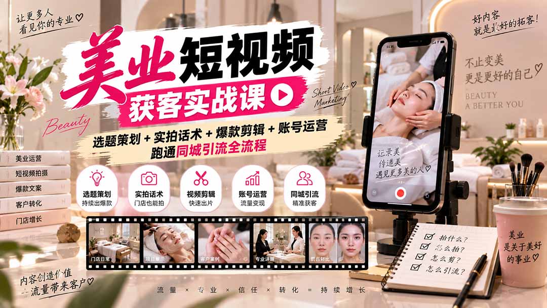 美业短视频获客实战课-无水印:选题策划+实拍话术+爆款剪辑+账号运营,跑通同城引流全流程-站长V课