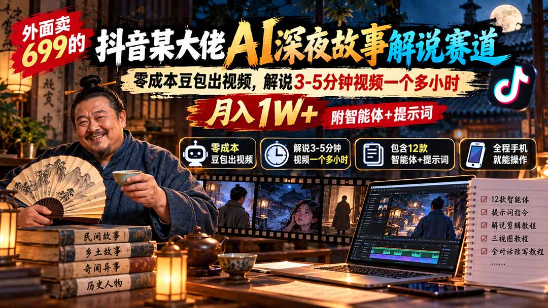 外面卖699的抖音某大佬AI深夜故事解说赛道:零成本豆包出视频,解说3-5分钟视频一个多小时,月入1W+附智能体+提示词-站长V课