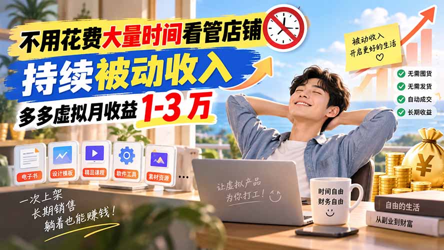 不用花费大量时间看管店铺，持续被动收入，多多虚拟月收益 1-3 万-站长V课
