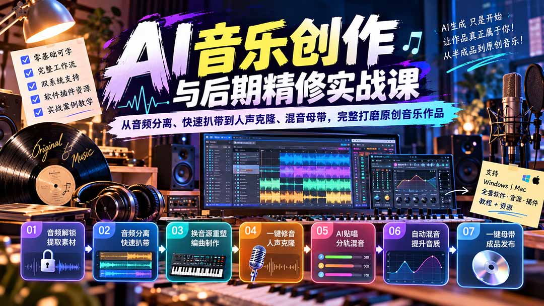 AI音乐创作与后期精修实战课:从音频分离、快速扒带到人声克隆、混音母带,完整打磨原创音乐作品-站长V课