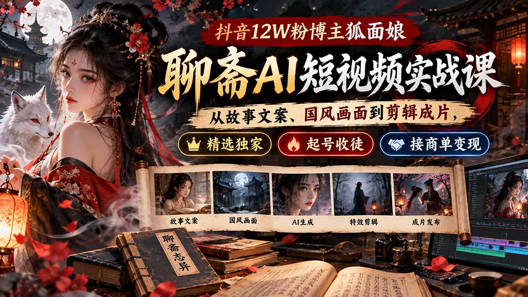 抖音12W粉博主狐面娘-聊斋AI短视频实战课:从故事文案、国风画面到剪辑成片,精选独家+起号收徒+接商单变现-站长V课