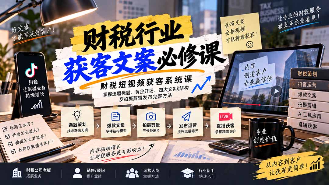 财税短视频获客系统课:掌握选题标题、黄金开场、四大文案结构及拍摄剪辑发布完整方法-站长V课