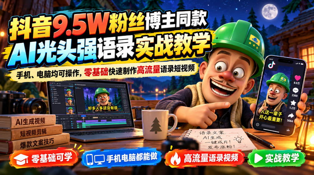 抖音9.5W粉丝博主同款AI光头强语录实战教学,手机、电脑均可操作,零基础快速制作高流量语录短视频-站长V课