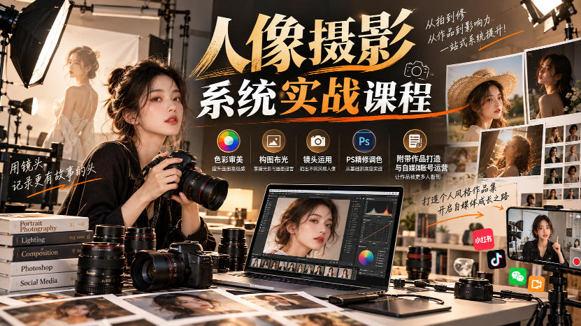 【无水印】人像摄影系统实战课程,色彩审美、构图布光、镜头运用、PS精修调色,附带作品打造与自媒体账号运营-站长V课
