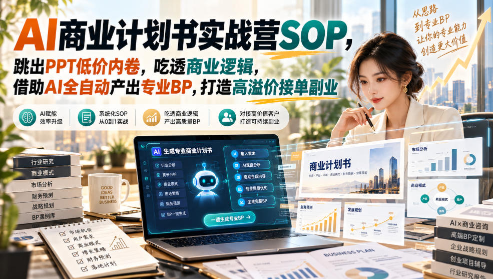 AI商业计划书实战营SOP,跳出PPT低价内卷,吃透商业逻辑,借助AI全自动产出专业BP,打造高溢价接单副业-站长V课