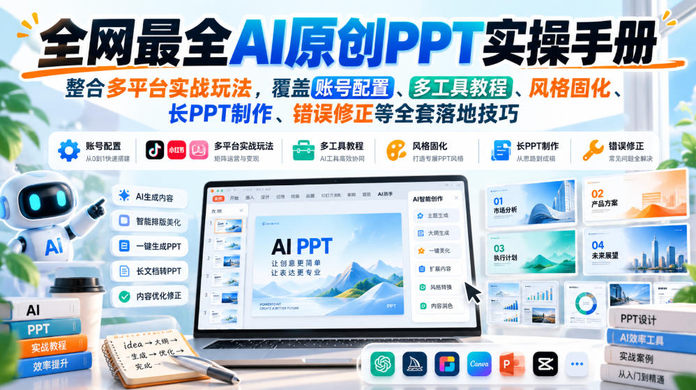 全网最全AI原创PPT实操手册,整合多平台实战玩法,覆盖账号配置、多工具教程、风格固化、长PPT制作、错误修正等全套落地技巧-站长V课