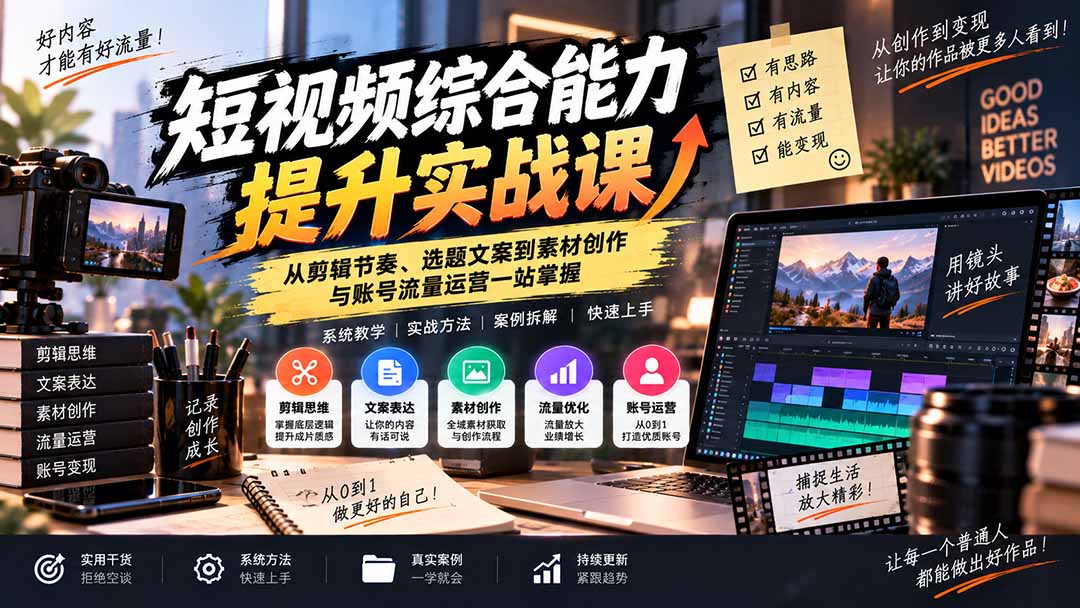 短视频综合能力提升实战课:从剪辑节奏、选题文案到素材创作与账号流量运营一站掌握-站长V课