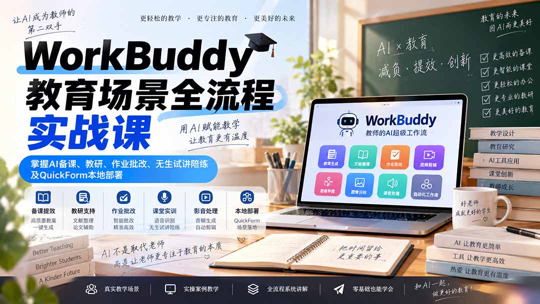 WorkBuddy教育场景全流程实战课:掌握AI备课、教研、作业批改、无生试讲陪练及QuickForm本地部署-站长V课