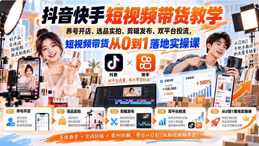 抖音快手短视频带货教学|养号开店、选品实拍、剪辑发布、双平台投流,短视频带货从0到1落地实操课-站长V课