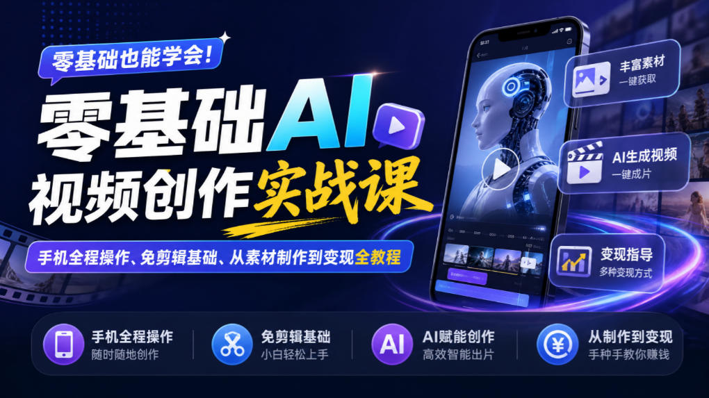 零基础AI视频创作实战课|手机全程操作、免剪辑基础、从素材制作到变现全教程-站长V课