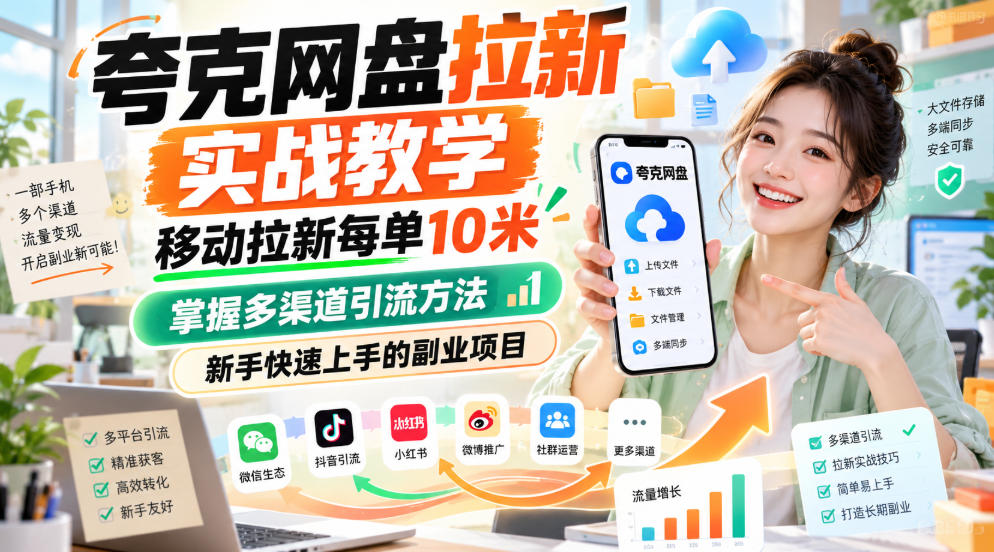 夸克网盘拉新实战教学，移动拉新每单10米，掌握多渠道引流方法，新手快速上手的副业项目(更新0929)-站长V课