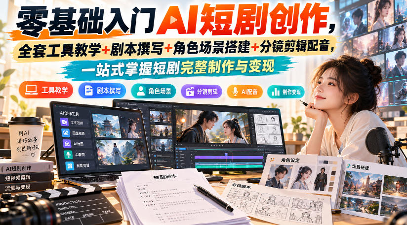 零基础入门AI短剧创作，全套工具教学+剧本撰写+角色场景搭建+分镜剪辑配音，一站式掌握短剧完整制作与变现-站长V课